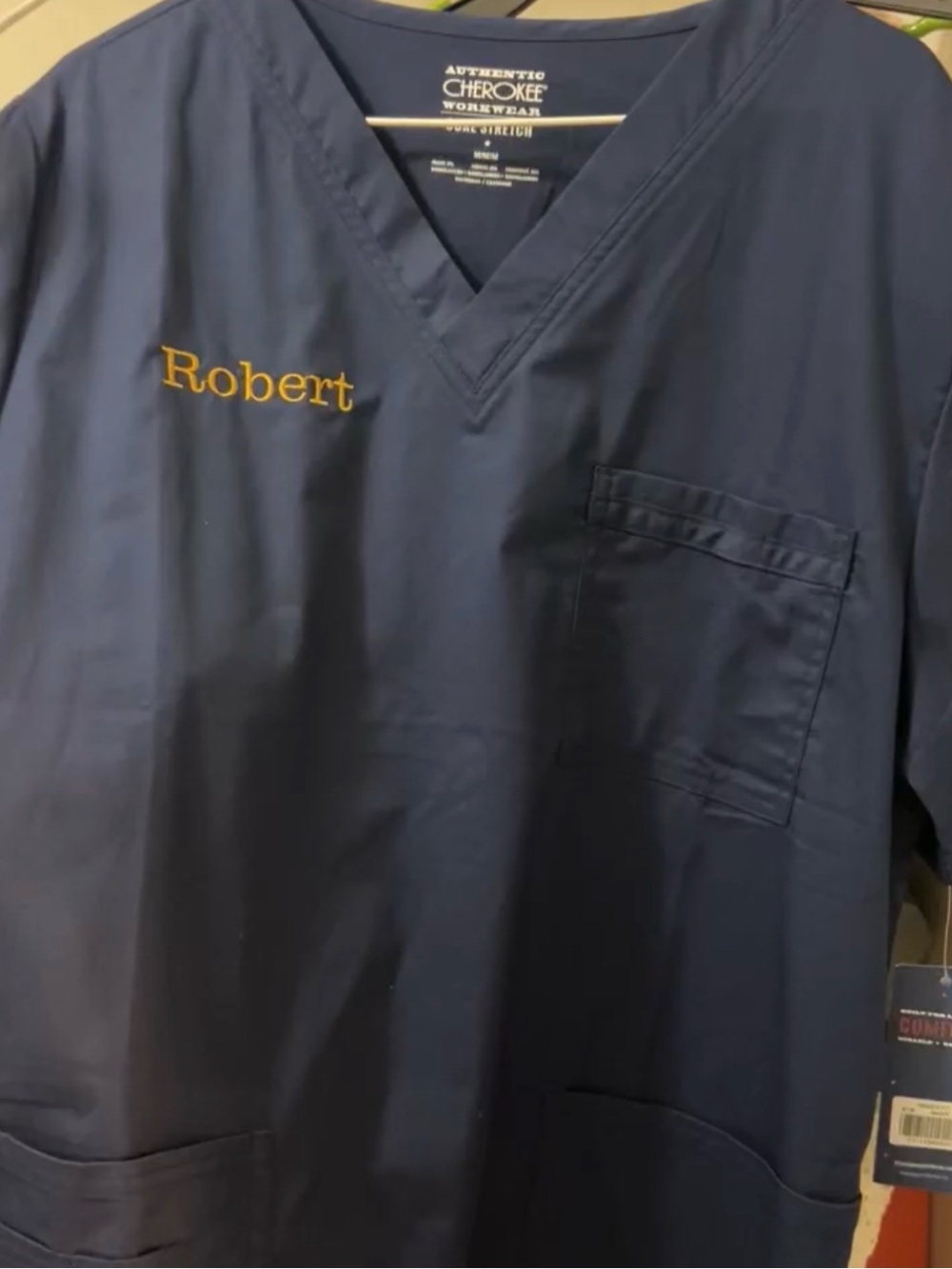 Cherokee Navy Blue V-Neck Medical Scrub Top with Embroidered Name medium